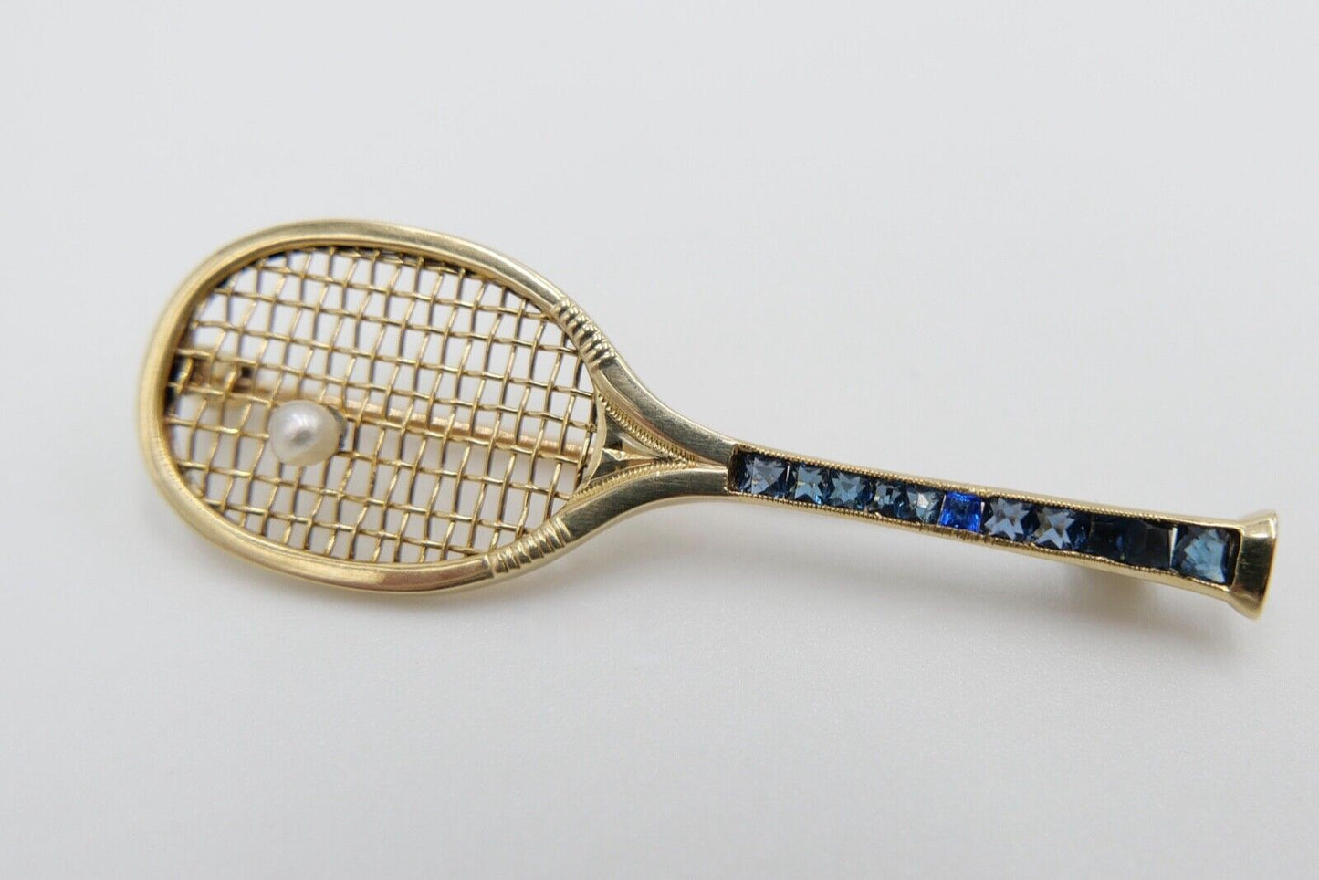 90er Jahre Brosche Tennis Perle Akoya Spinell blau 750 / 18K Stabbrosche 