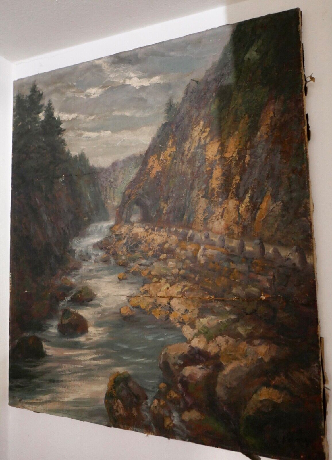 altes Ölgemälde 78x67cm signiert " BERGE BACH " Landschaft