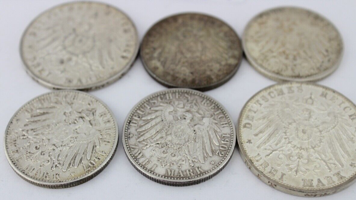 6x 2 & 3 Mark 1902 - 1914 " Friedrich Baden " Jäger J. 30 34 36 39 Silber 