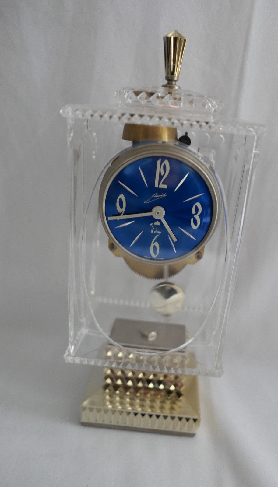 Schmid Schlenker 8 Day Tischuhr im Acrylgehäuse Blaues Zifferblatt West Germany