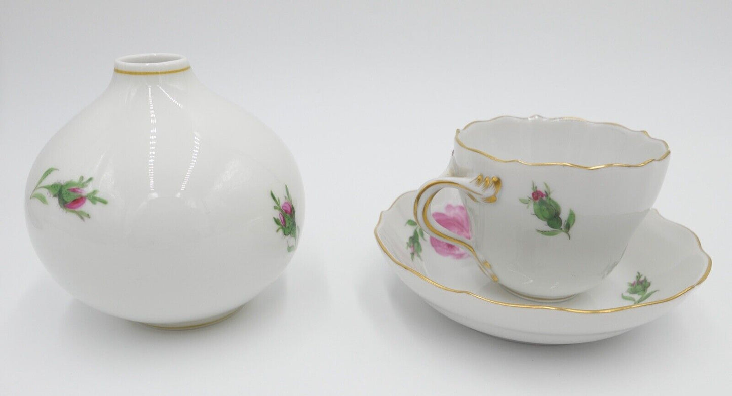 Meissen 1. & 2. Wahl SET " ROTE ROSE " Aschenbecher Vase Mokka Tasse Untertasse