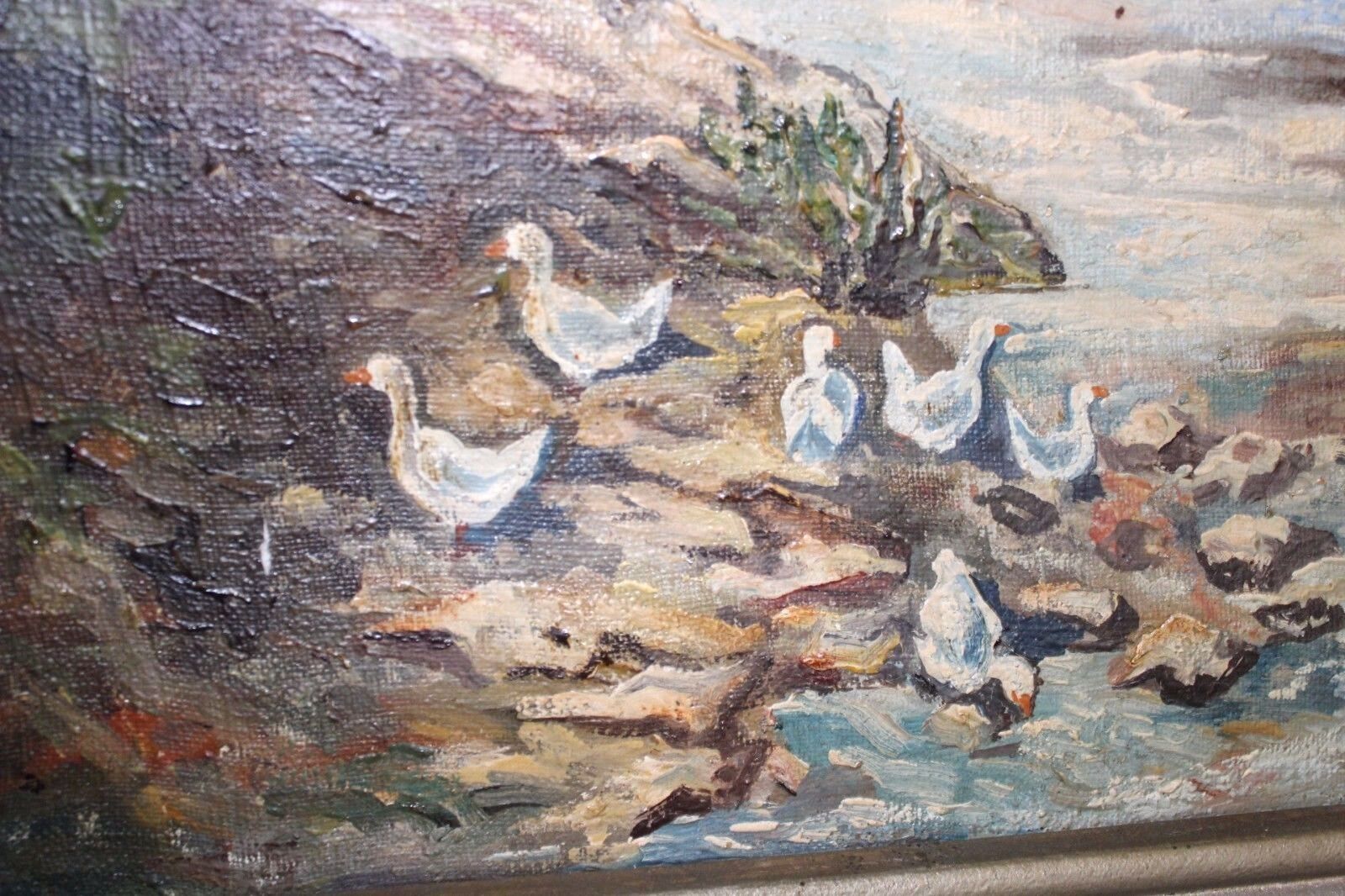 Großes Ölgemälde oil painting Dorf Bach Enten Brücke Wasser