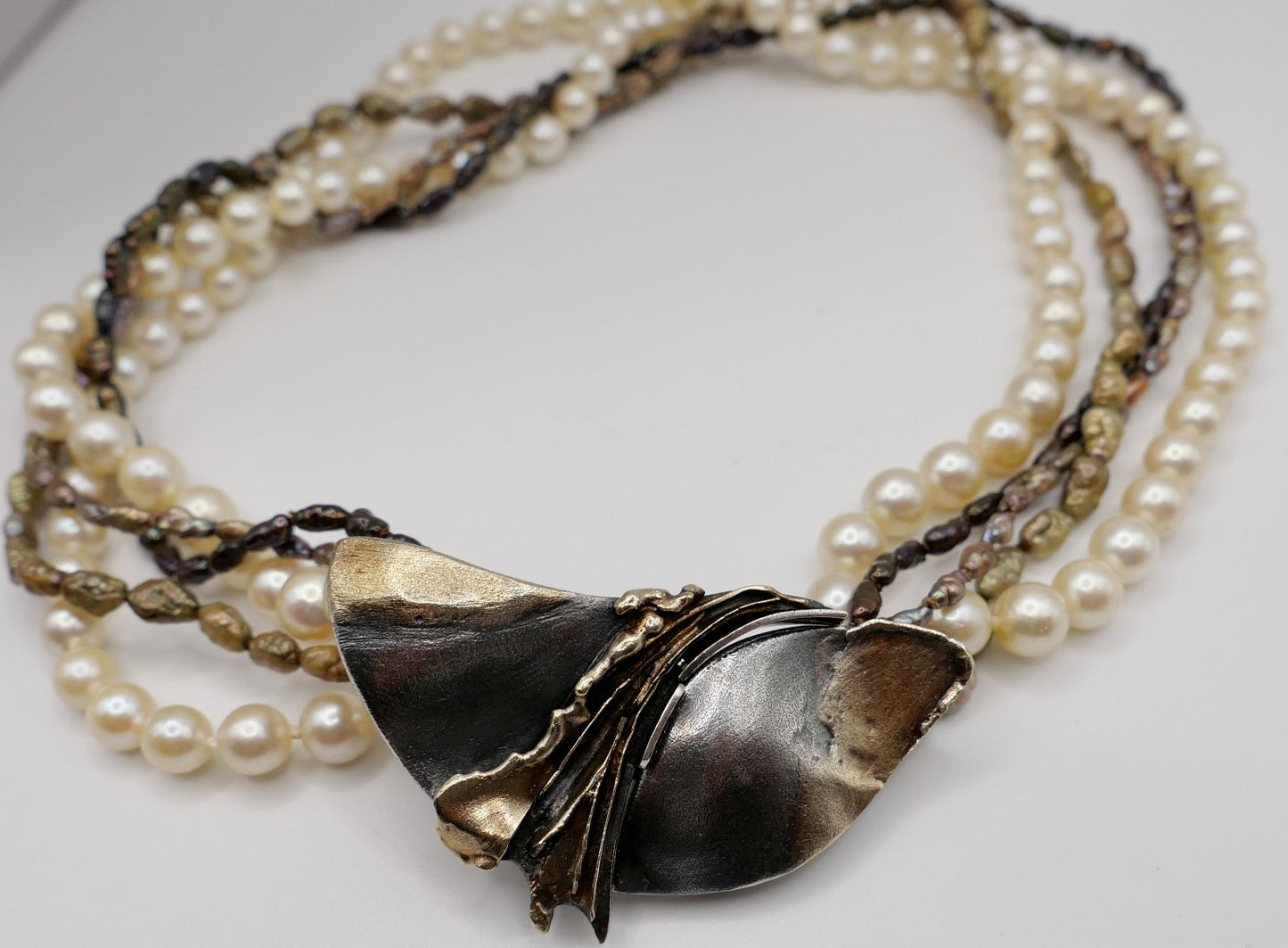 80er Perlenkette Collier 5-reihig 925 Silber vergoldet Schmetterlingsverschluss