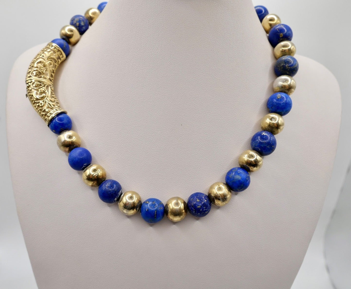 70er Jahre Lapislazuli Lapis Perlen Kugel Kette Collier 925 Silber vergoldet
