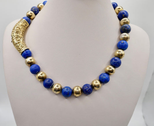 70er Jahre Lapislazuli Lapis Perlen Kugel Kette Collier 925 Silber vergoldet