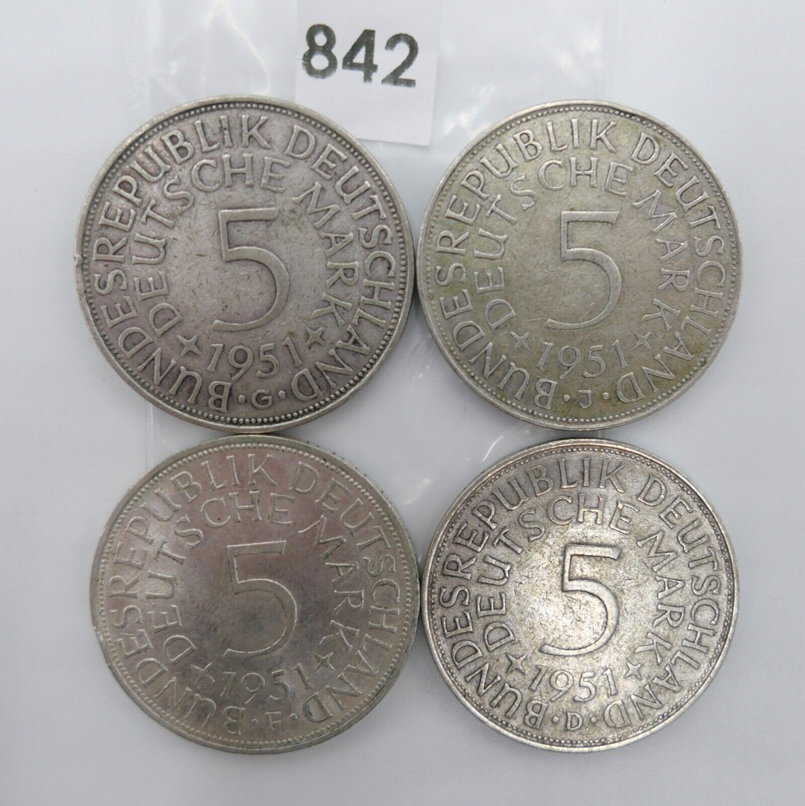 4x 5 DM 1951 J.387 Silbermünzen Silberadler Heiermann Komplettsatz D F G J