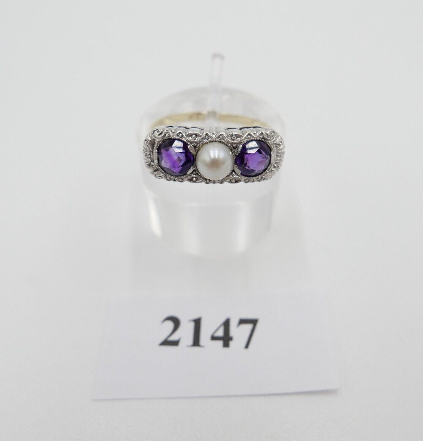 30er Jahre Art Deco Bicolor Ring 585 Gold & 935 Silber Gr. 55 Amethyst & Perle