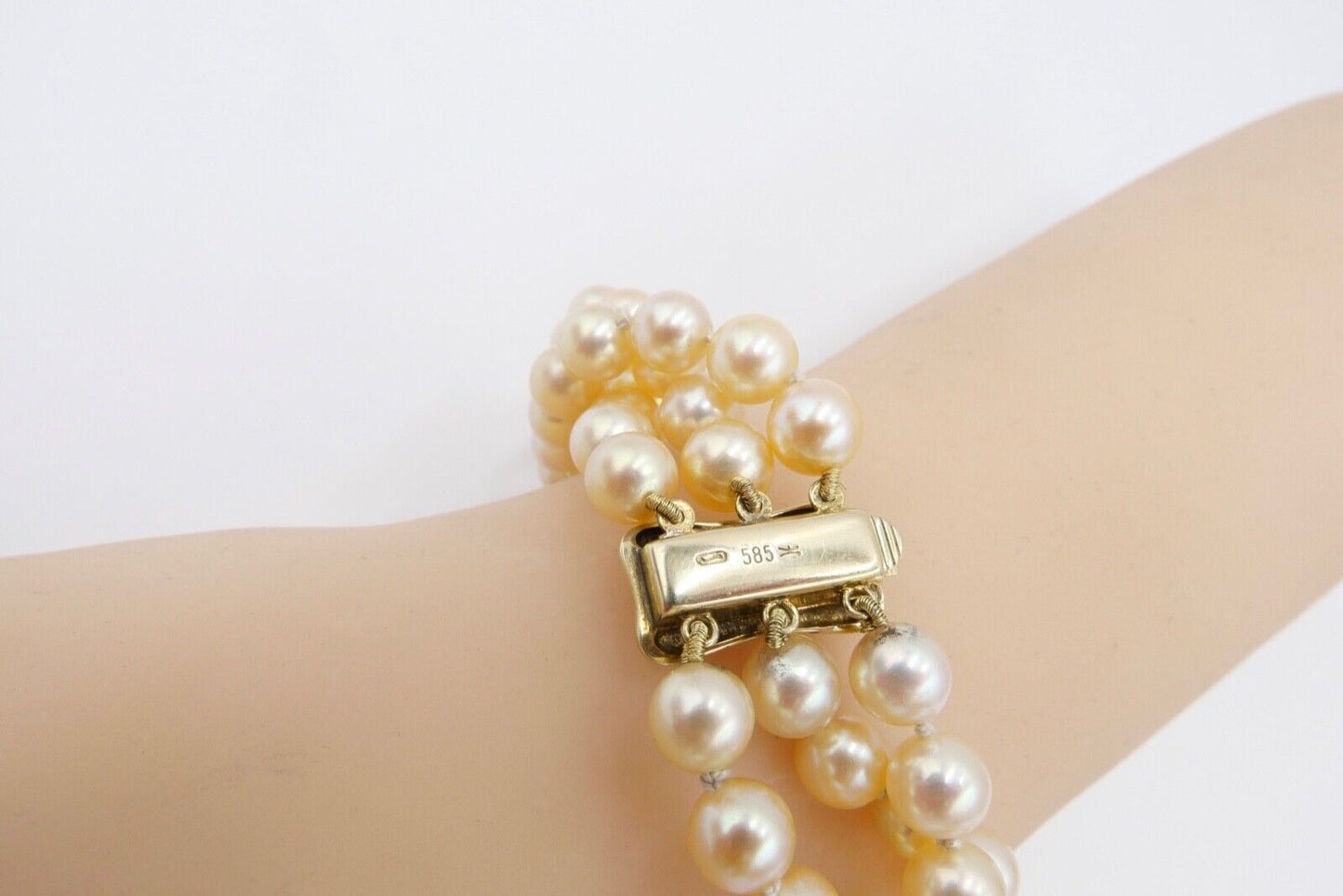 dreireihiges Perlenarmband 40,8 g Zuchtperlen 21 cm Gold 585 / 14K pearl Ø 7 mm 