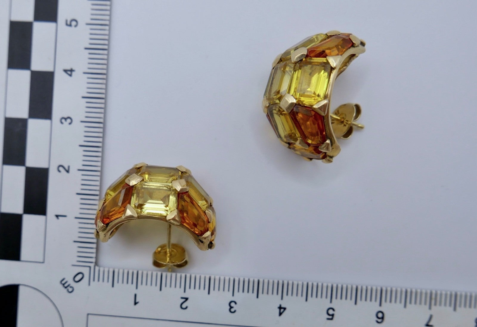 Massive 18k 750 Gold Creolen mit Citrin Ohrringe Gelbgold 1980er