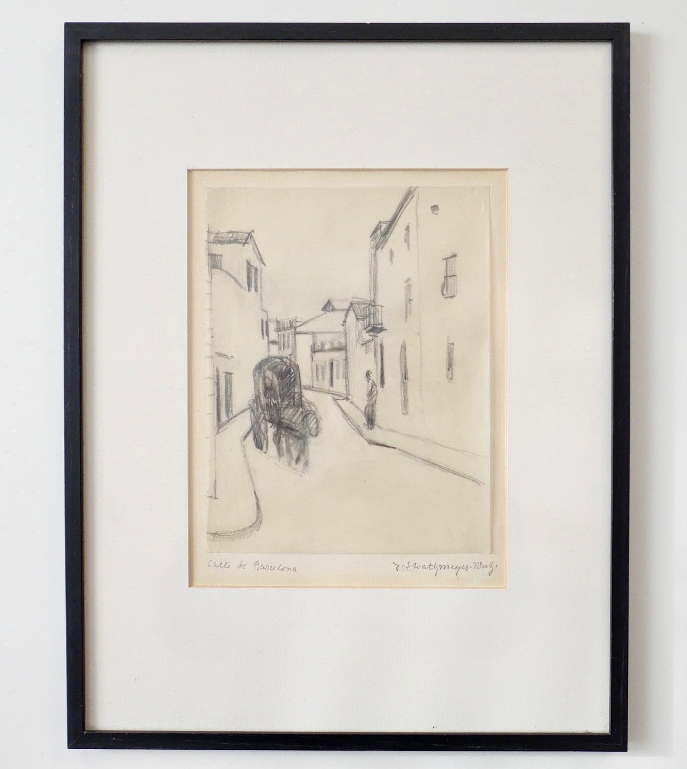 T. SKATHMEYER-WENZ Original Kohlezeichnung Calle de Barcelona Unikat gerahmt