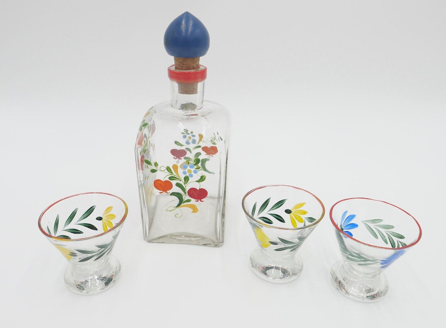 altes Schnaps Likör Set Glas Handbemalt Gläser Karaffe Blumenmuster