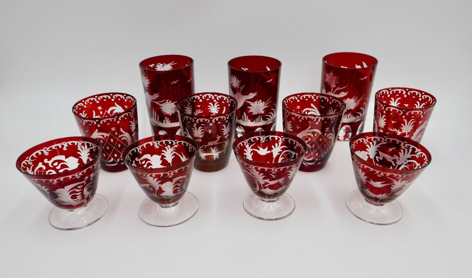 11x Jugendstil Gläser rubinrot Becher Glas EGERMANN  Tierwelt um 1900