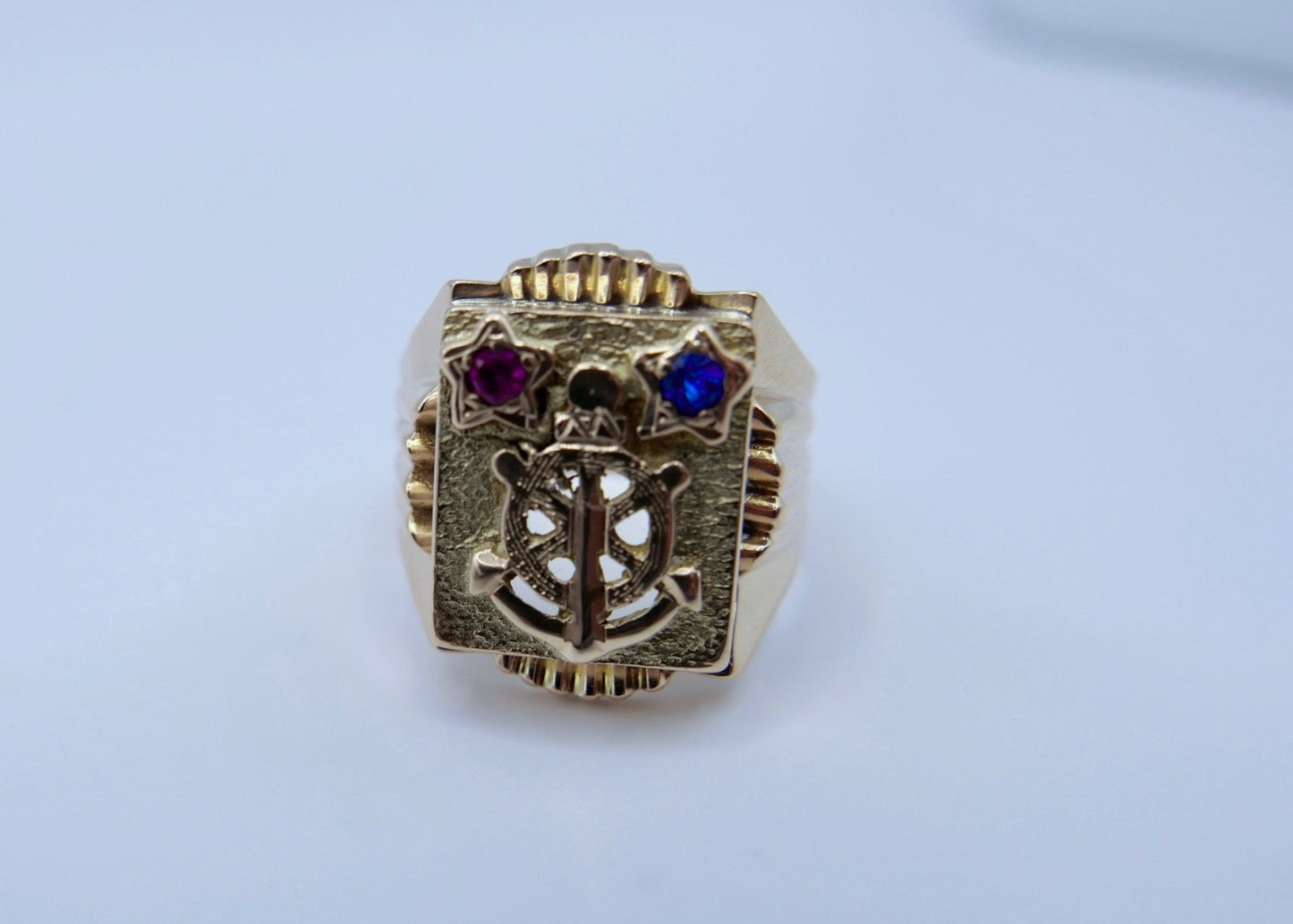 Herrenring 14K Gelbgold Anker Steuerrad Rubin Saphir Nautisch Gr.61 Seefahrt 585