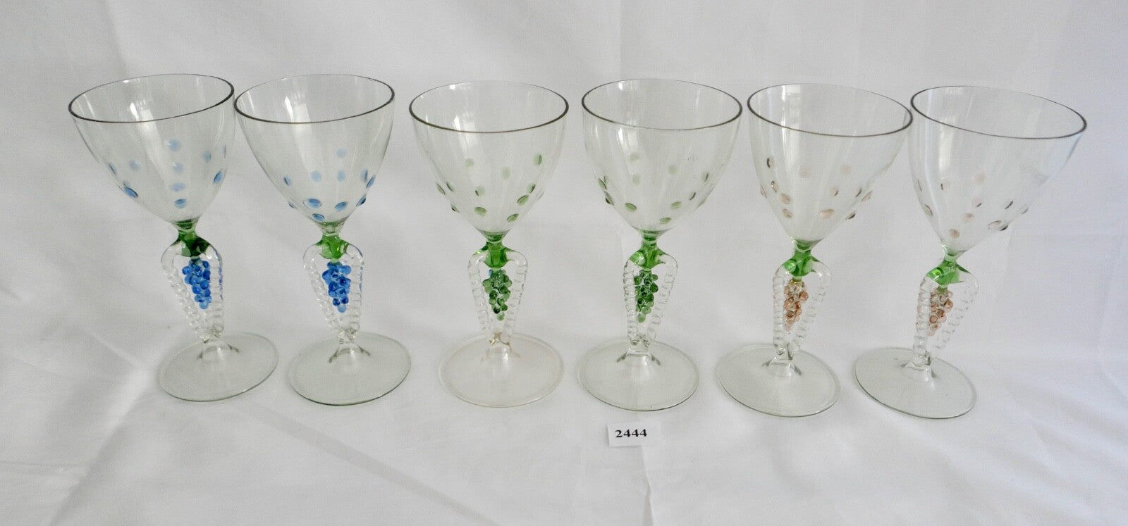 6x Lauscha Bimini Wein Glas Gläser Set Art Deco 14,8 cm buntes Traubenmotiv