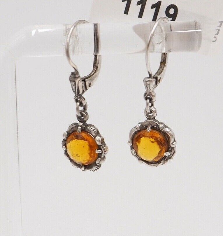 alte 50er Jahre Silber 835 Ohrringe Ohrhänger Ø10 mm Schmuckstein orange gelb