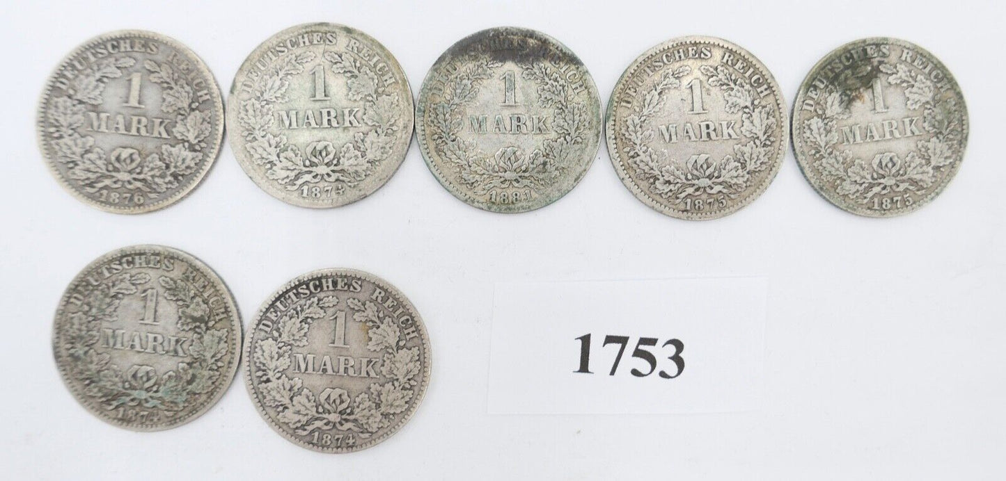 7x 1 Mark Deutsches Reich 1874 - 1881 Jäger J.9 ss-vz Silber