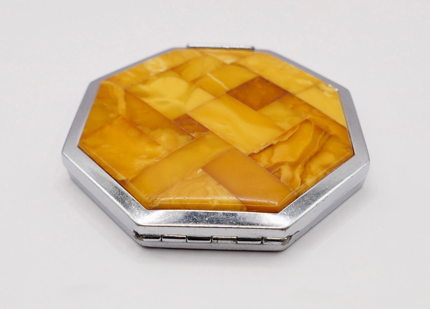 alte Puderdose mit Spiegel Bernstein butterscotch Ø 7,5cm