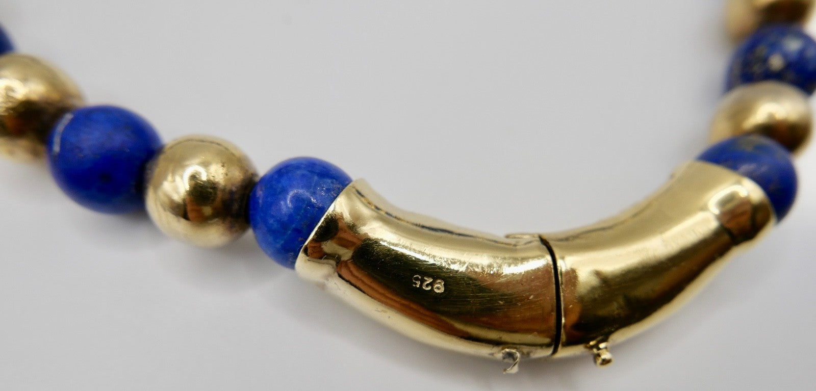 70er Jahre Lapislazuli Lapis Perlen Kugel Kette Collier 925 Silber vergoldet
