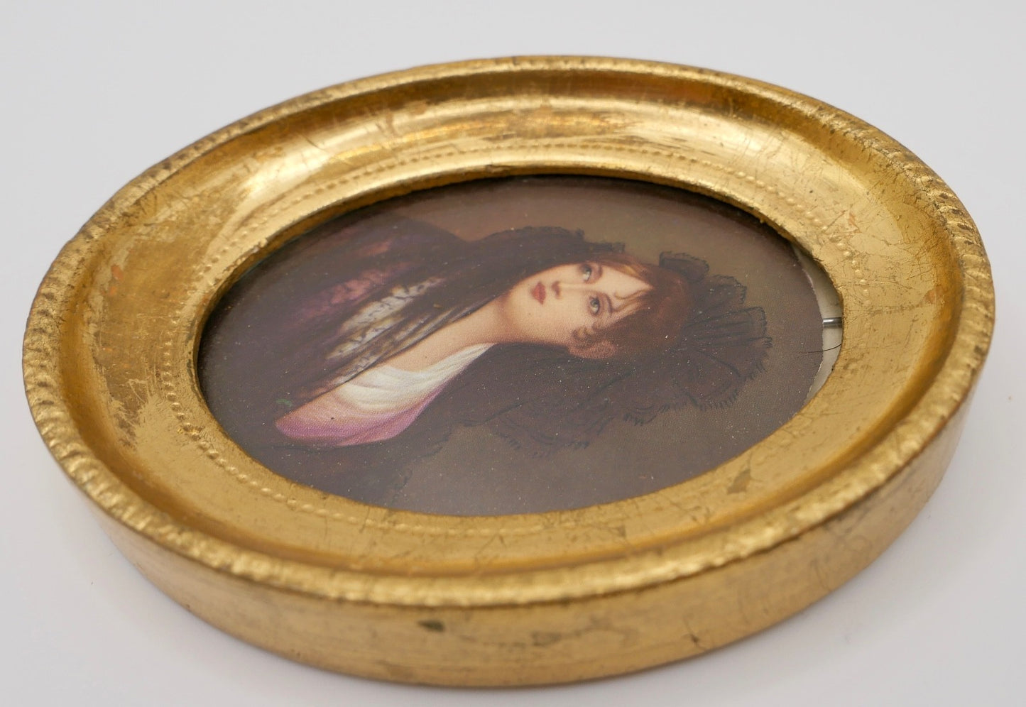 altes Miniatur Damen Portrait vergoldeter Holz Rahmen Florentiner Art Ø 9,2 cm