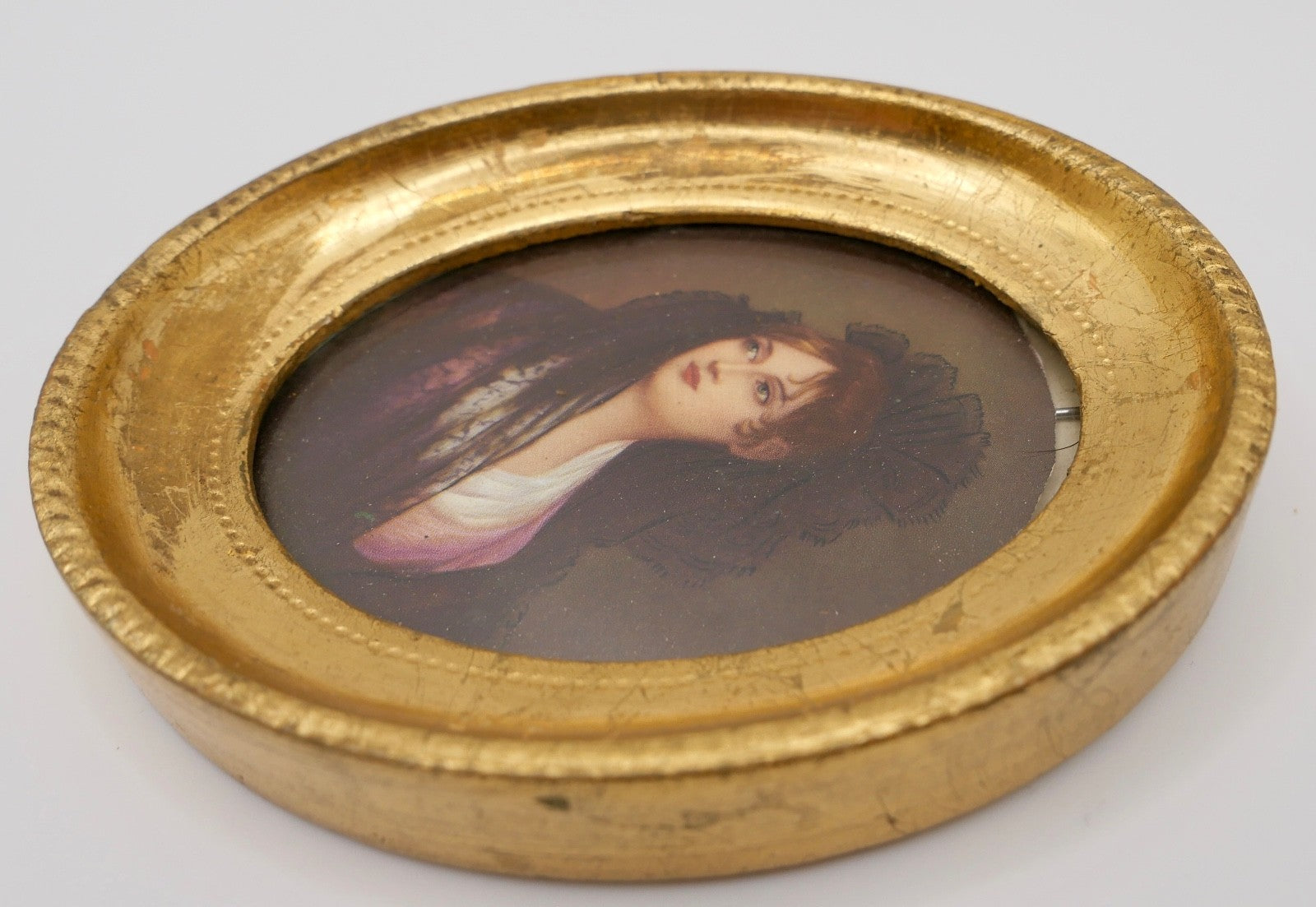 altes Miniatur Damen Portrait vergoldeter Holz Rahmen Florentiner Art Ø 9,2 cm