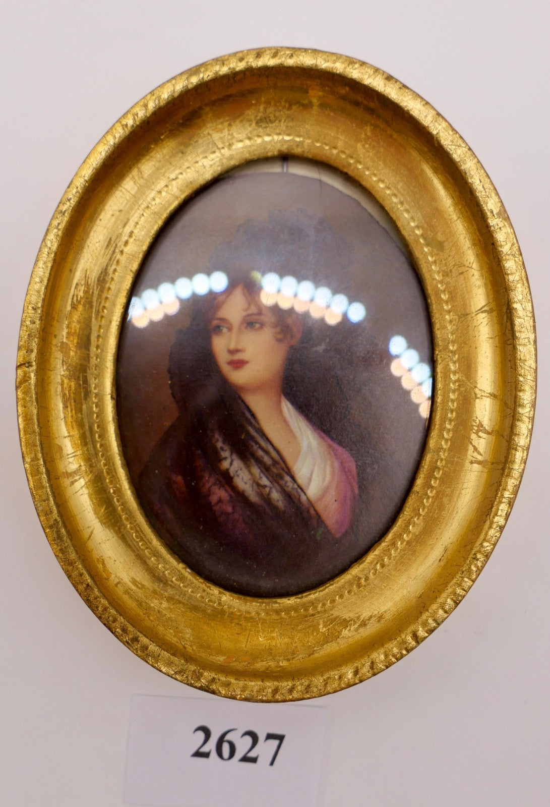 altes Miniatur Damen Portrait vergoldeter Holz Rahmen Florentiner Art Ø 9,2 cm