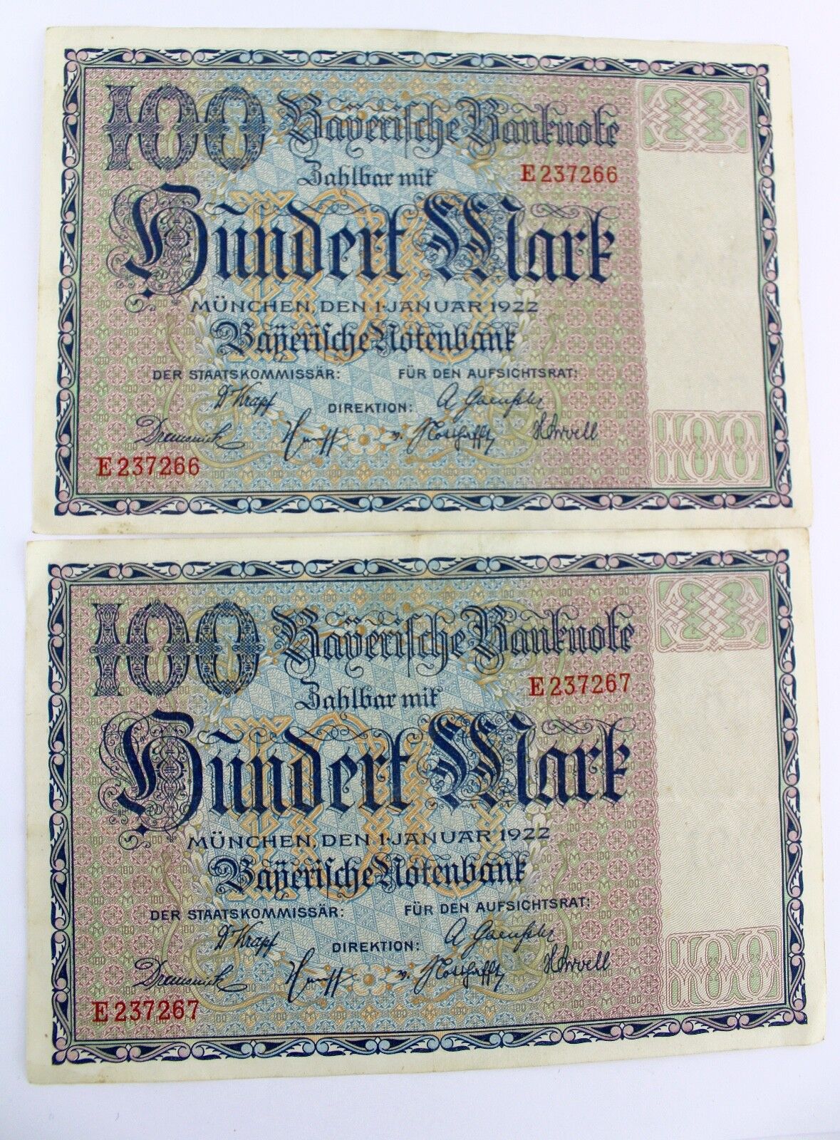  2x BAY 4 Banknote 100 Mark Hundert 1922 München old bill FORTLAUFEND Serien Nr 