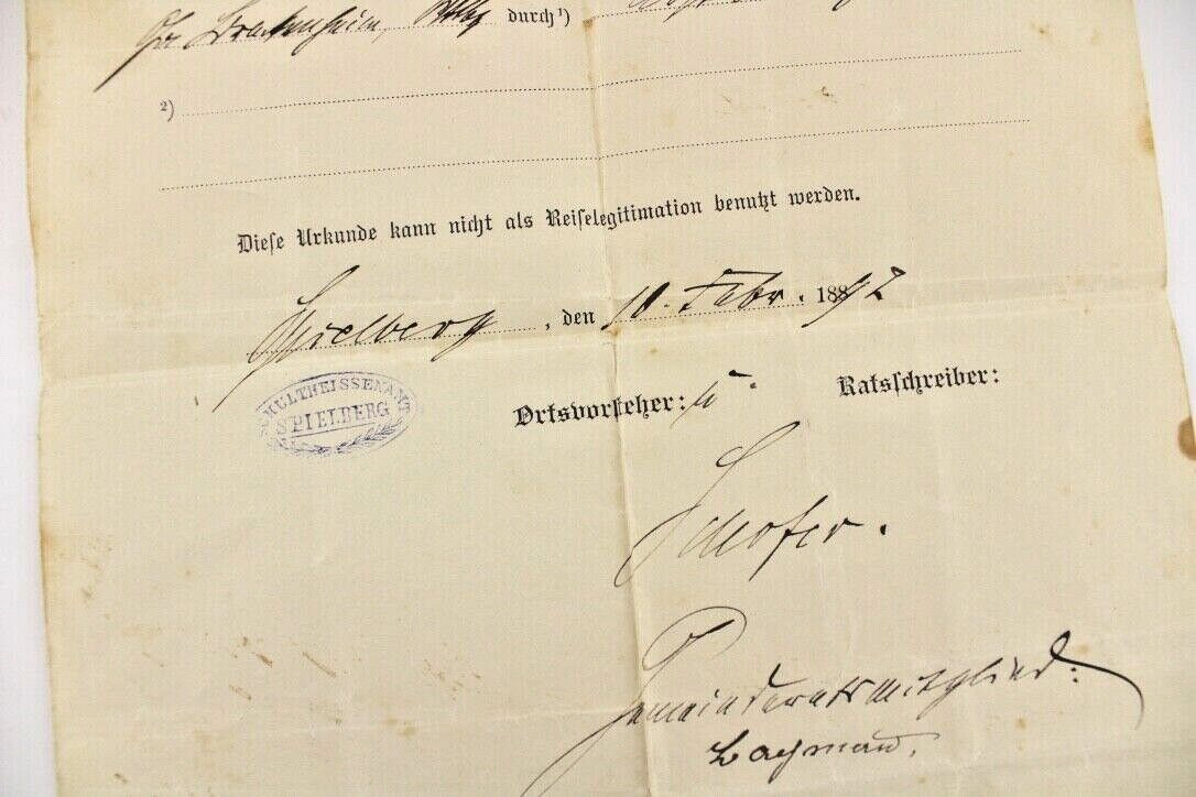 Bürgerrechts Urkunde 1892 Schultheissenamt Spielberg Civil rights certifi