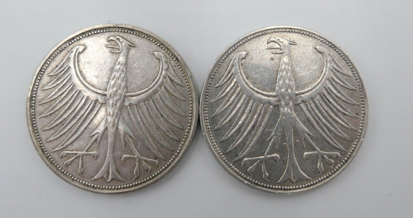 2x 5 DM 1958 D G Silbermünzen Jäger J.387 Silberadler Heiermann