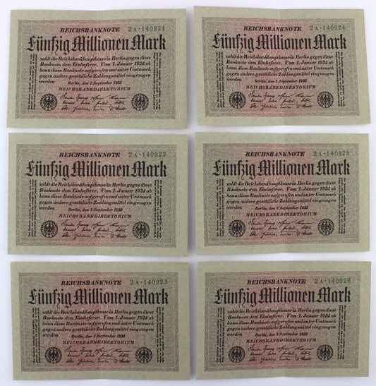 6x Ro. 108a Banknote 50 Millionen Mark Fortlaufend NR fast KFR 1923 TOP old Bill