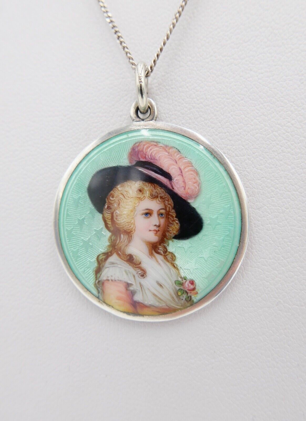 60er Jahre Silber Anhänger SM Ø29mm Emaille Barockfrau mit Hut Miniatur Portrait