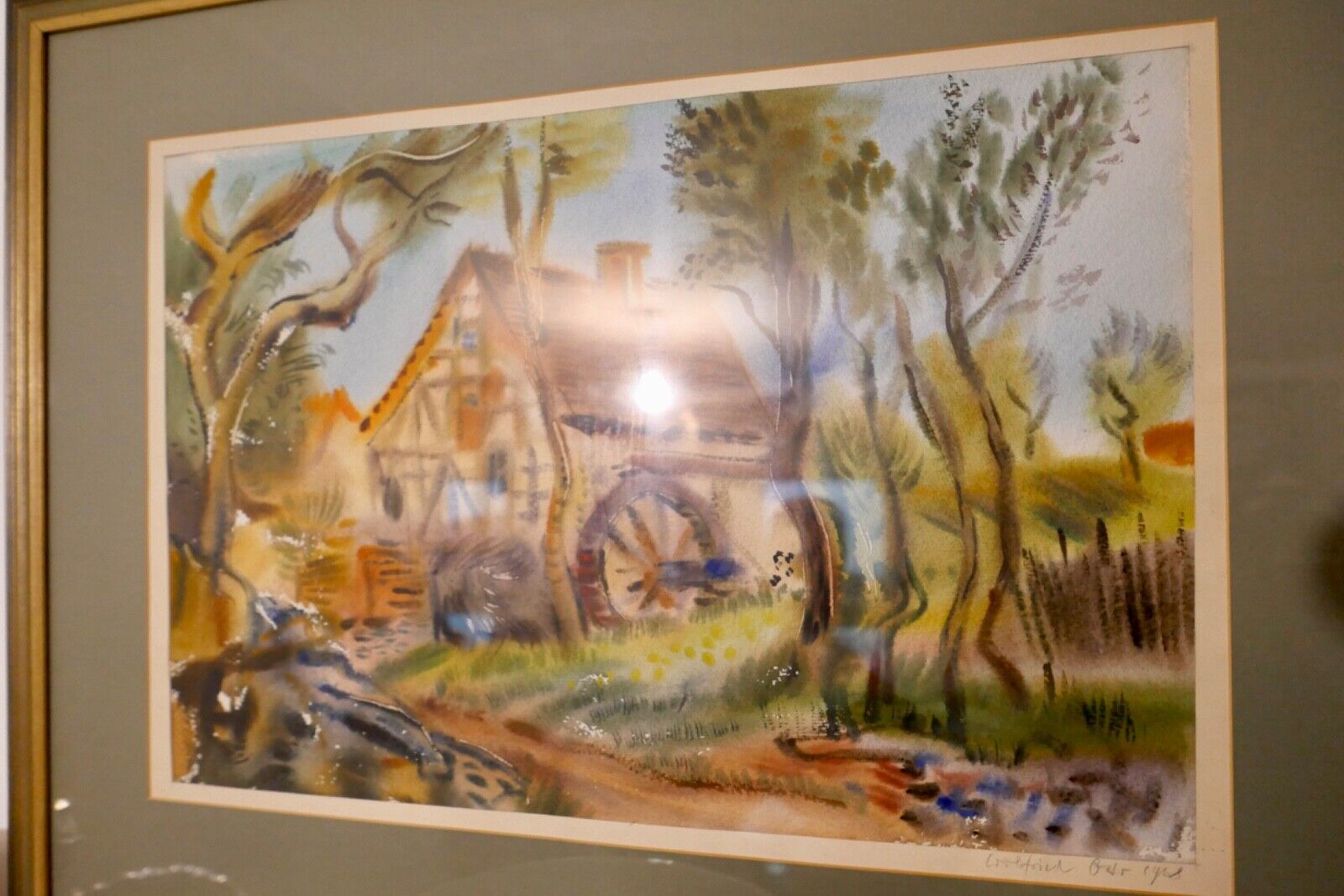 Aquarell sign " Wilfried Otto "  78x61cm um 1938 Pfälzer Maler Hütte Wald