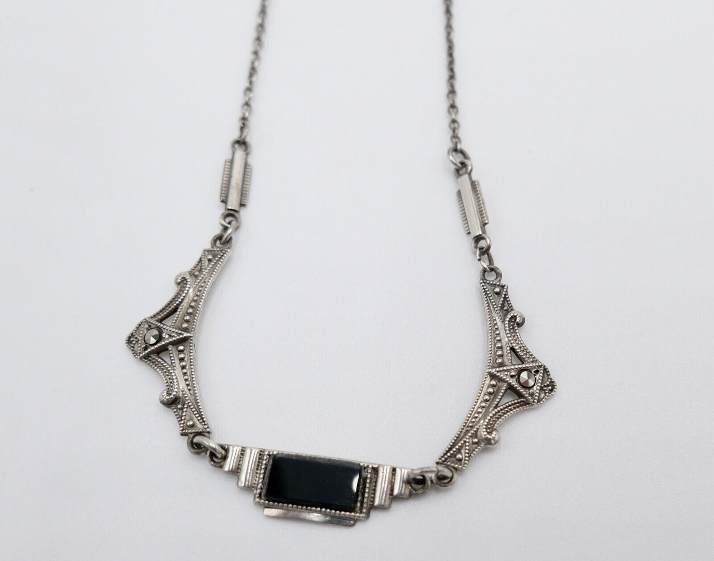 Antike filigrane 800 Silber Kette Collier 50 cm mit Markasiten und Onyx