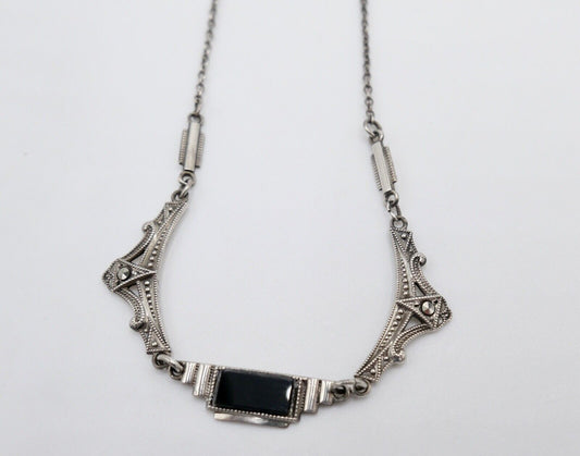 Antike filigrane 800 Silber Kette Collier 50 cm mit Markasiten und Onyx