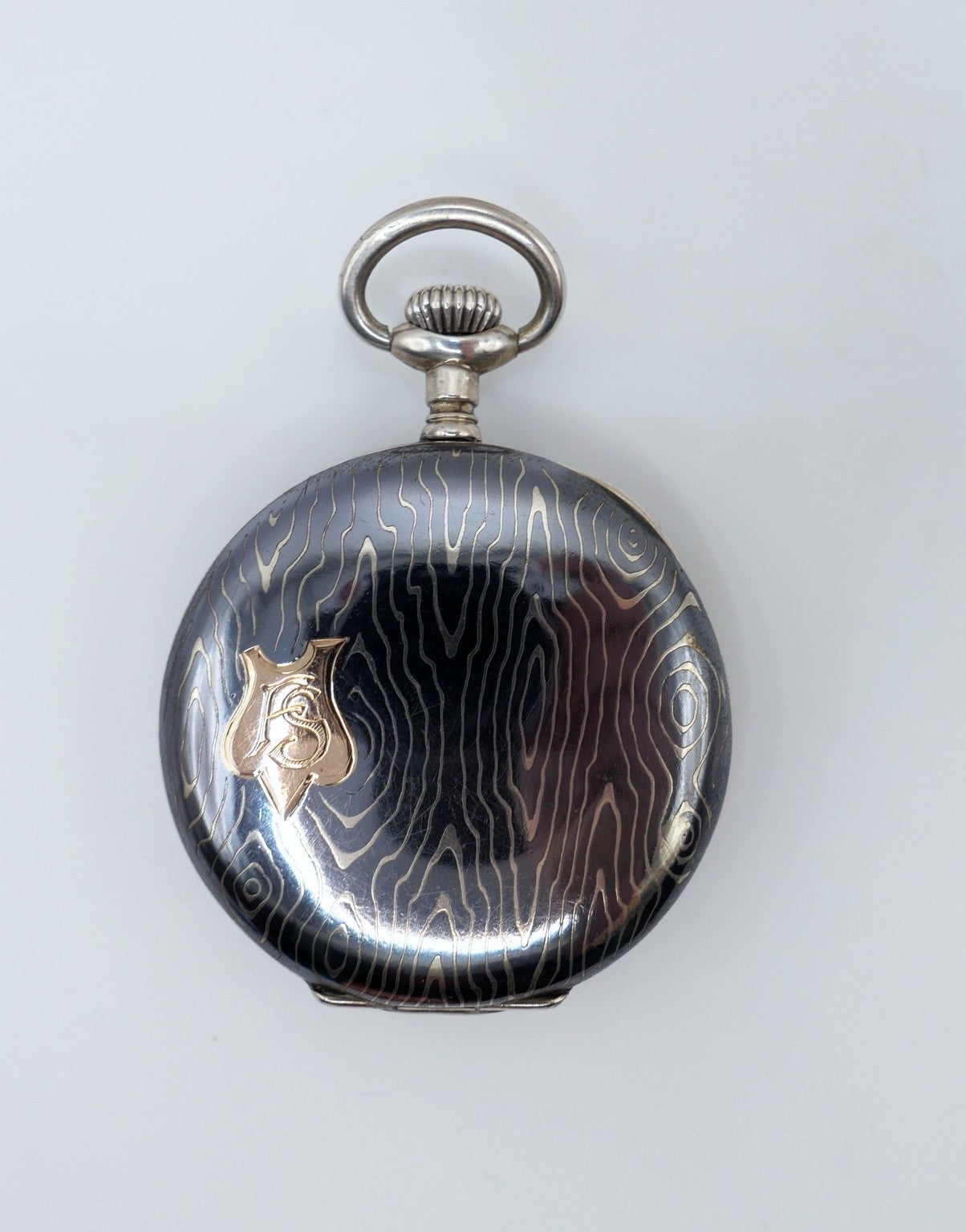 Antike Taschenuhr Emaille 50mm open face 800 Silber damasziniert Monogramm FS