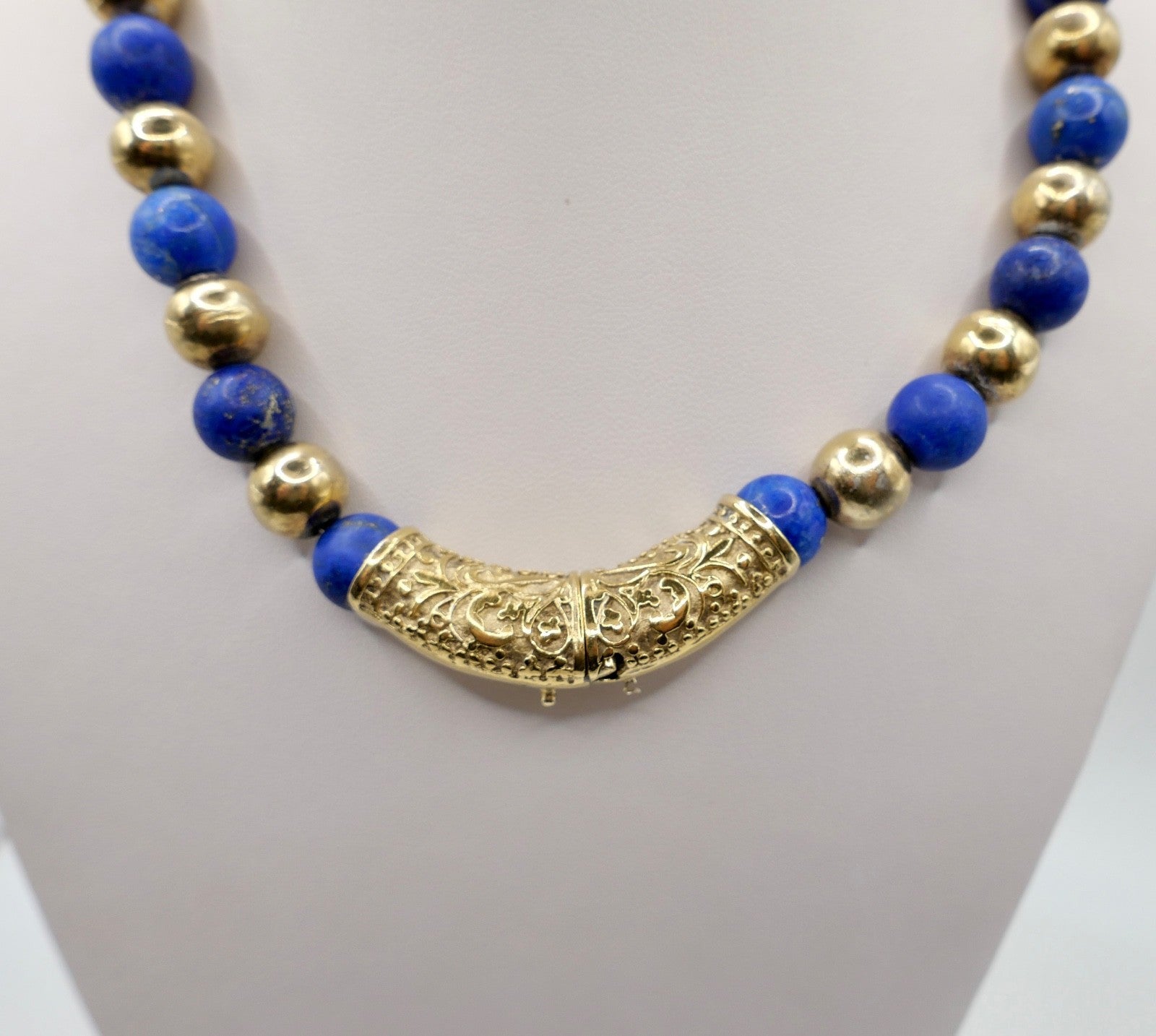 70er Jahre Lapislazuli Lapis Perlen Kugel Kette Collier 925 Silber vergoldet