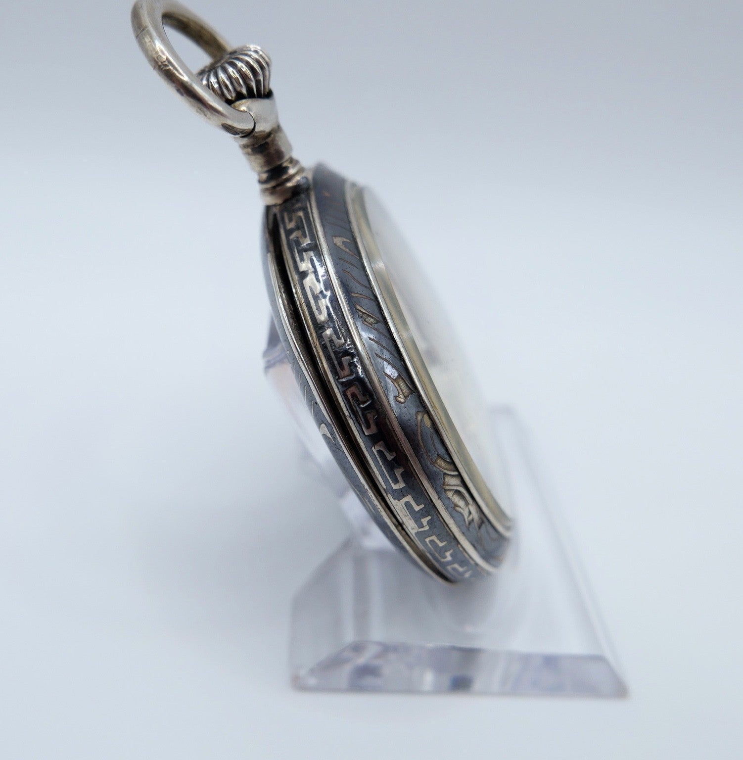 Antike Taschenuhr Emaille 50mm open face 800 Silber damasziniert Monogramm FS