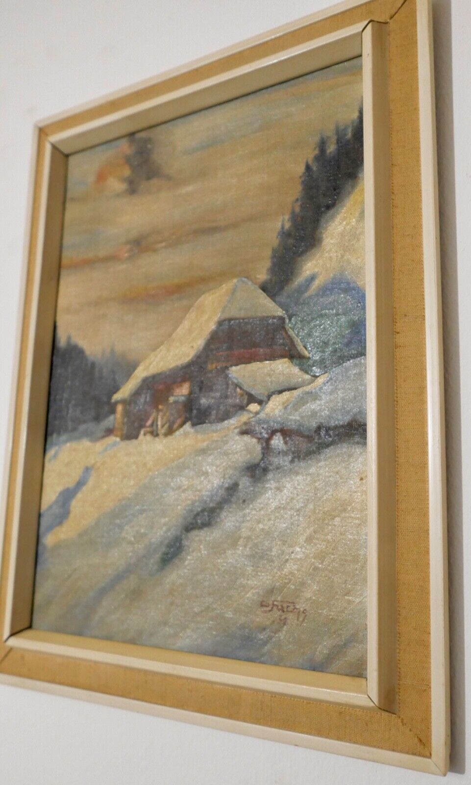 Ölgemälde signiert Fuchs  32 "LANDSCHAFT HÜTTE SCHNEE " 40x30 cm  BILD 