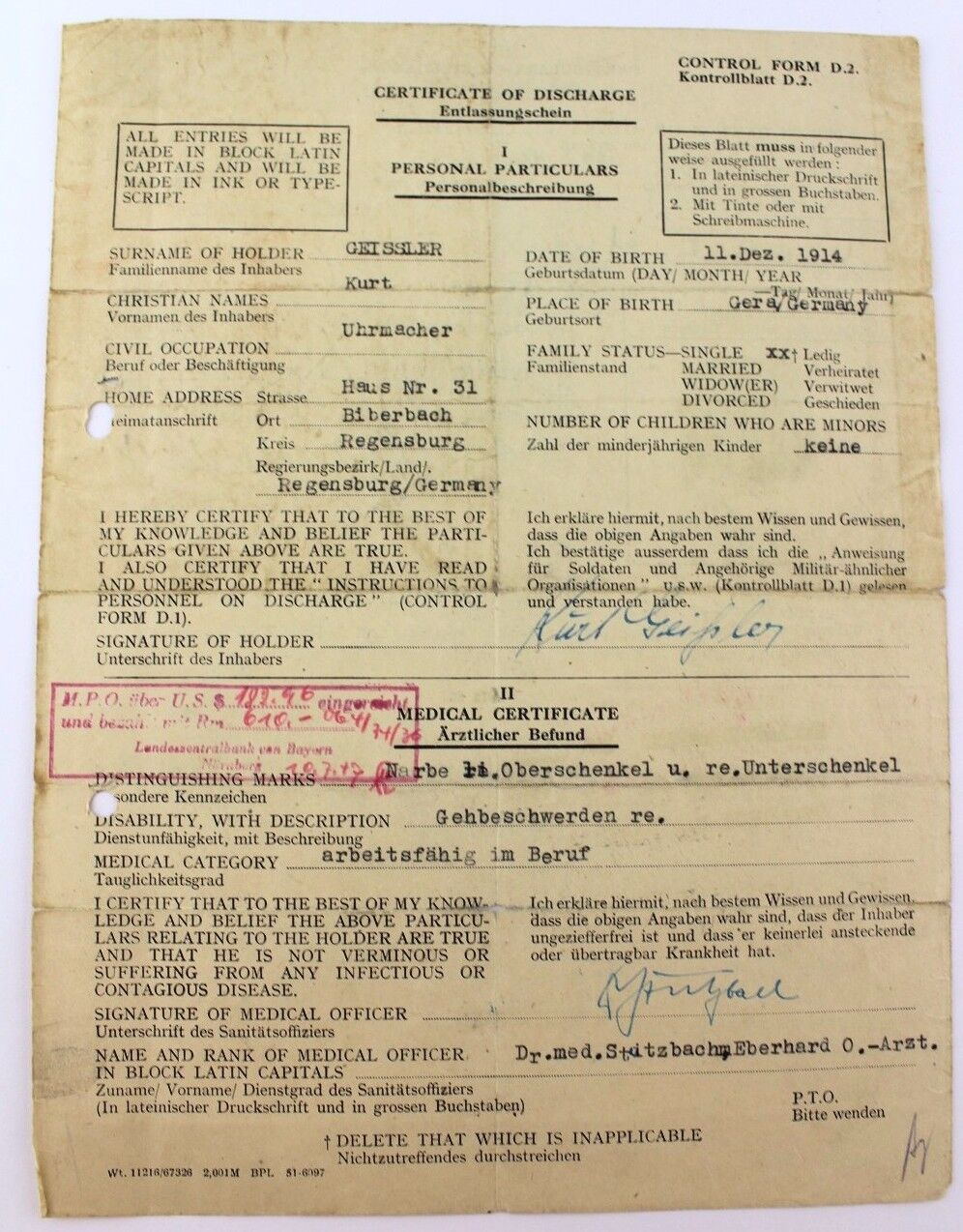 Entlassungsformular Kriegsgefangenschaft 2. WK 1946 WW release from captivity WW