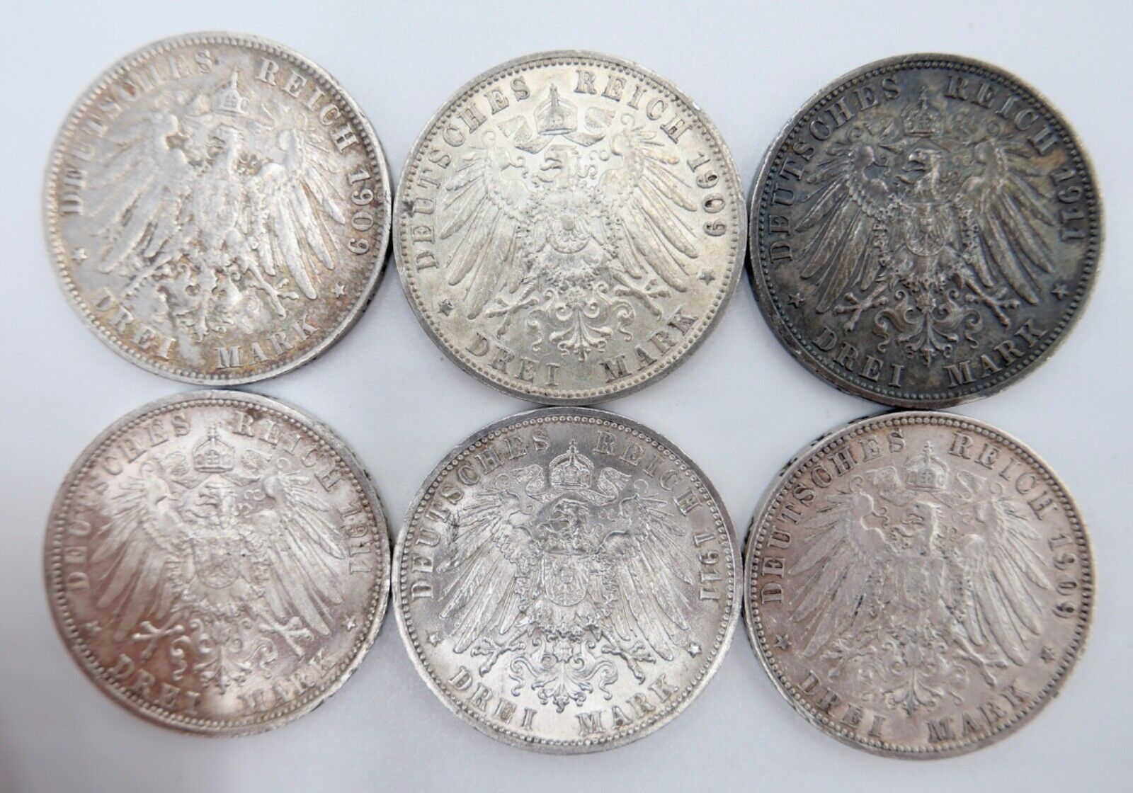  6x 3 Mark 1909 - 1911 Silbermünze Württemberg Wilhelm Jäger 175 & 177a