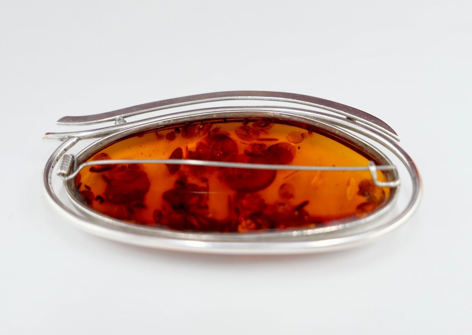 Große alter Bernstein Brosche versilbert Amber 8 cm 