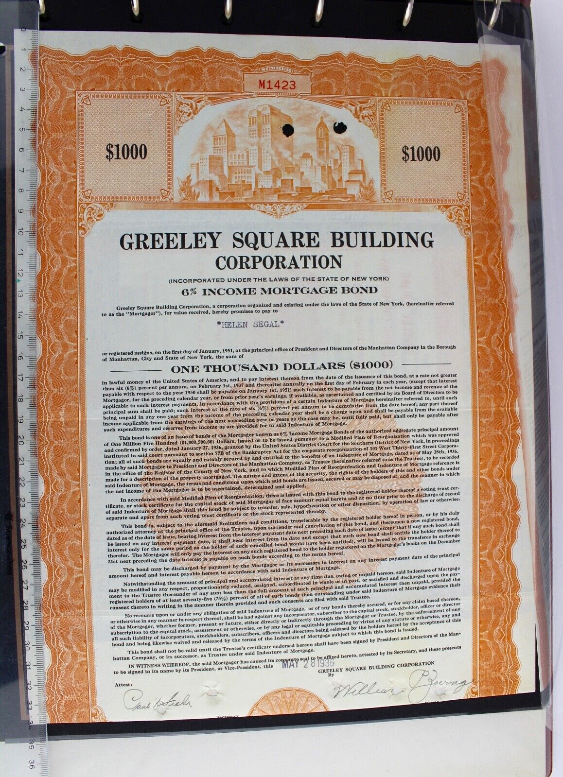 Greeley Square Building Corporation 1936 alte USA Aktie Stock Certificate 1000