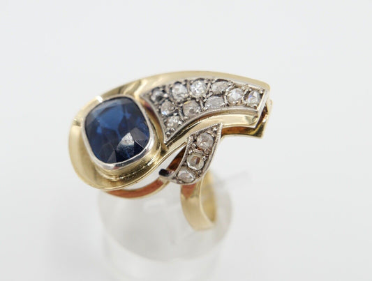 Extravaganter Diamant Damen Gold Ring 585 14K mit blau Stein Gr. 57-58