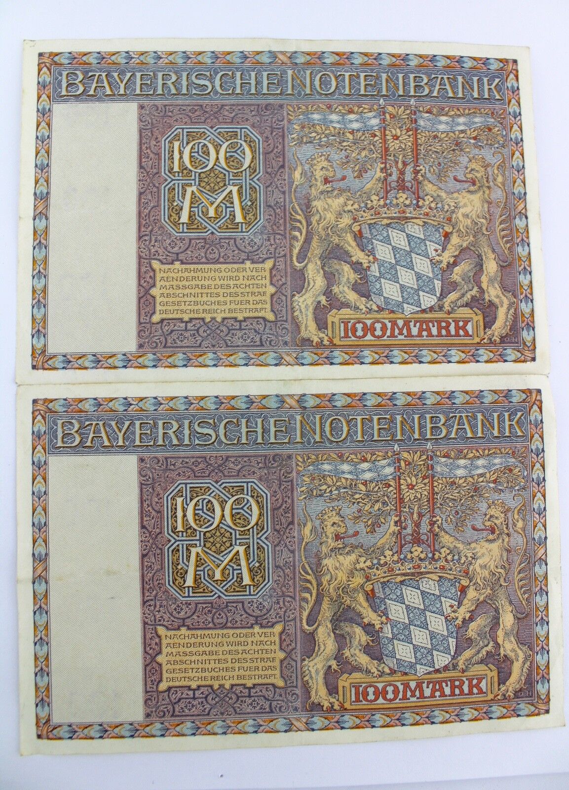  2x BAY 4 Banknote 100 Mark Hundert 1922 München old bill FORTLAUFEND Serien Nr 