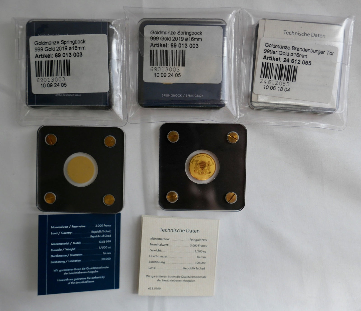 5 x Goldmünzen 3000 Francs 1/500 oz 2019 Mauerfall Springbock Brandenburger Tor