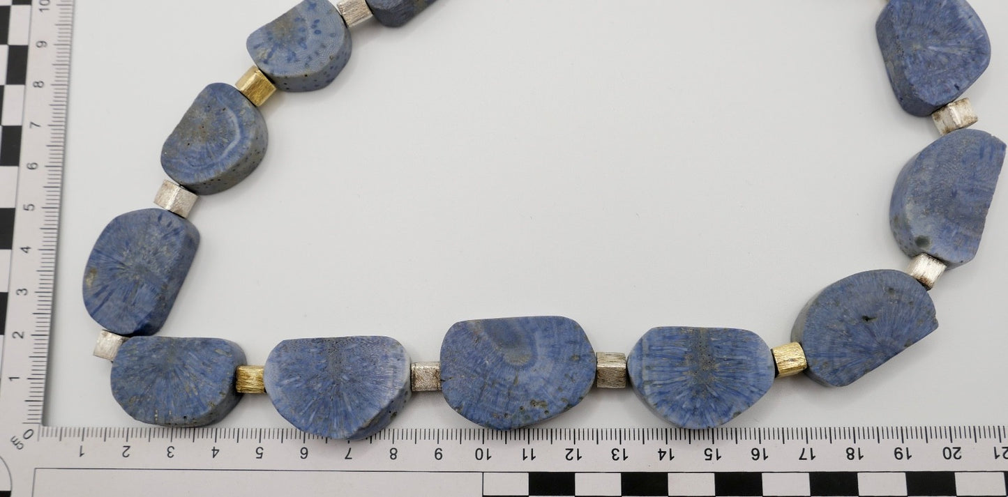 Natürliche blaue Koralle Kette Collier 925 Silber vergoldet Würfel 51 cm