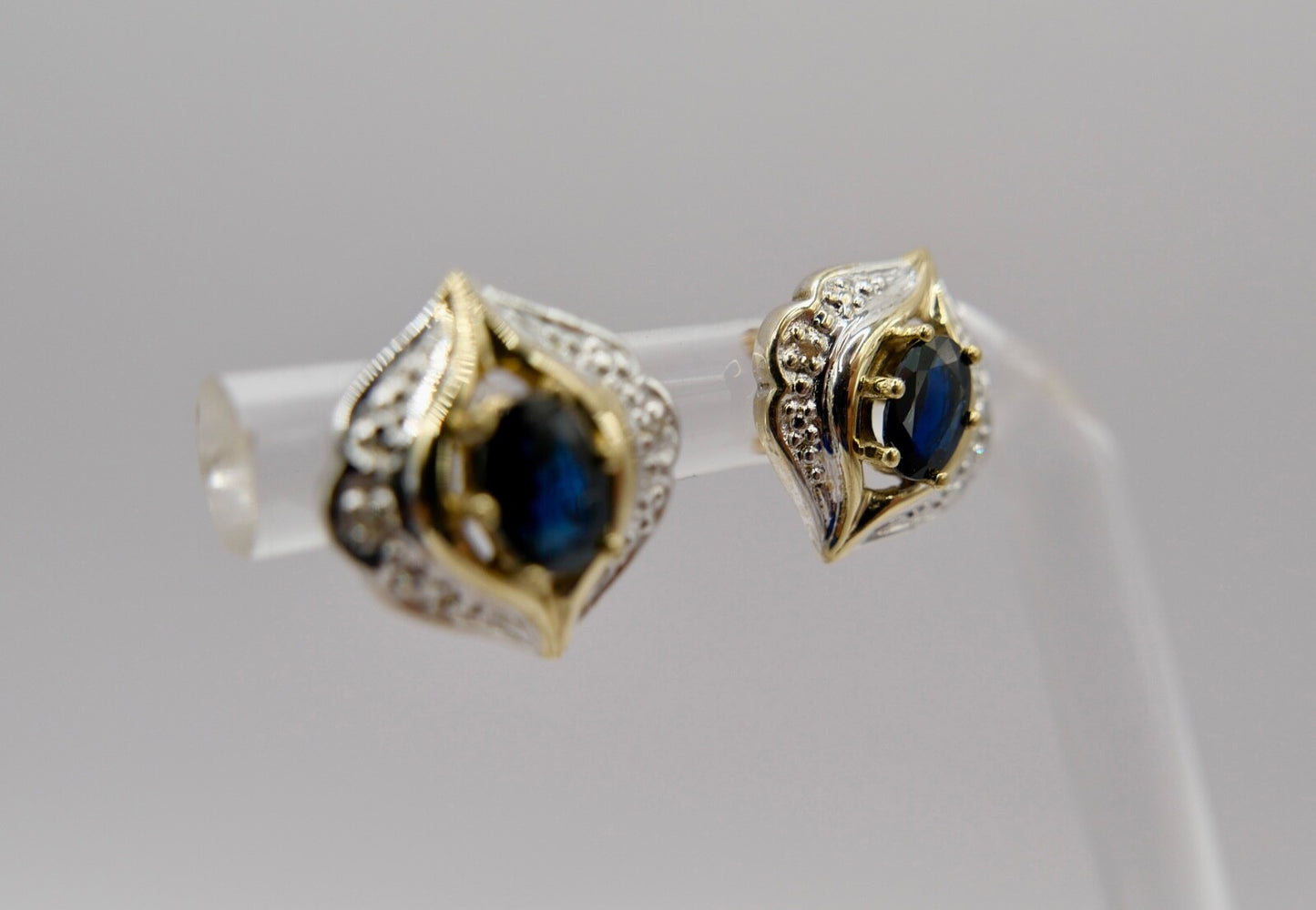 Bicolor 1970er Gold 585 14K Diamant & Saphir Ohrringe Ohrstecker  Ø 13,4mm