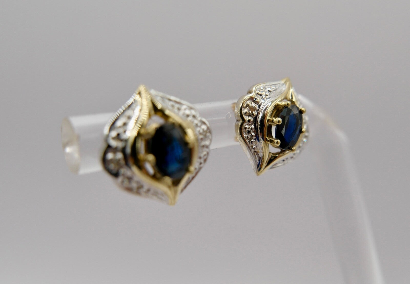 Bicolor 1970er Gold 585 14K Diamant & Saphir Ohrringe Ohrstecker  Ø 13,4mm