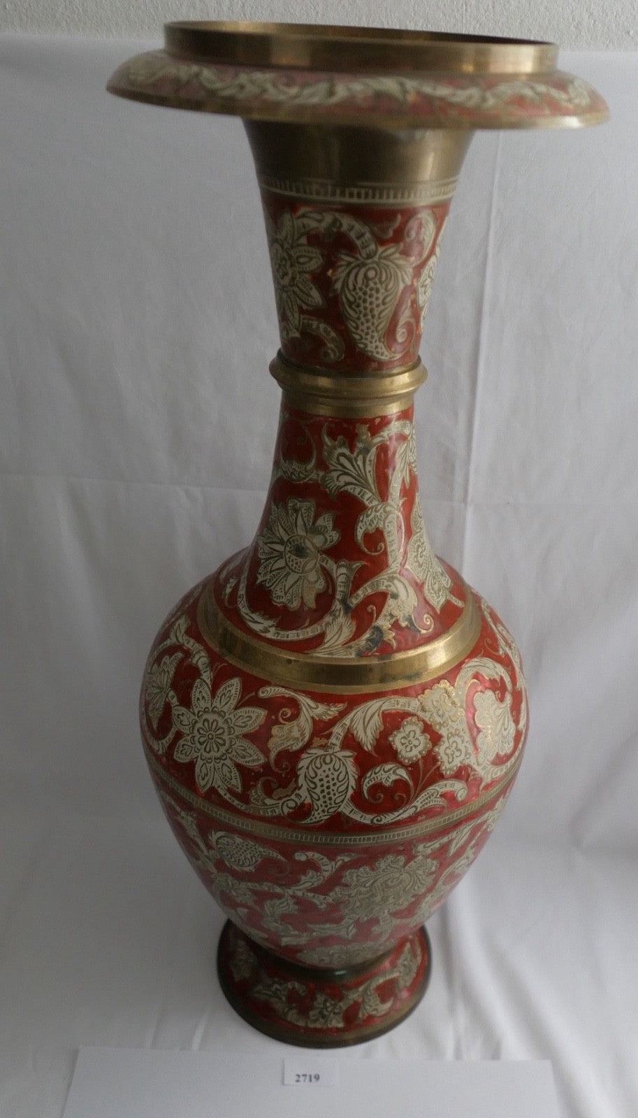 Große Messingvase Emaille Indien Handarbeit Rot Gold Blumendekor Vintage