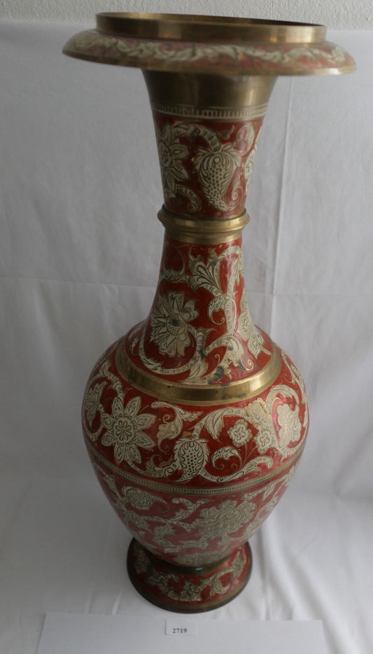 Große Messingvase Emaille Indien Handarbeit Rot Gold Blumendekor Vintage