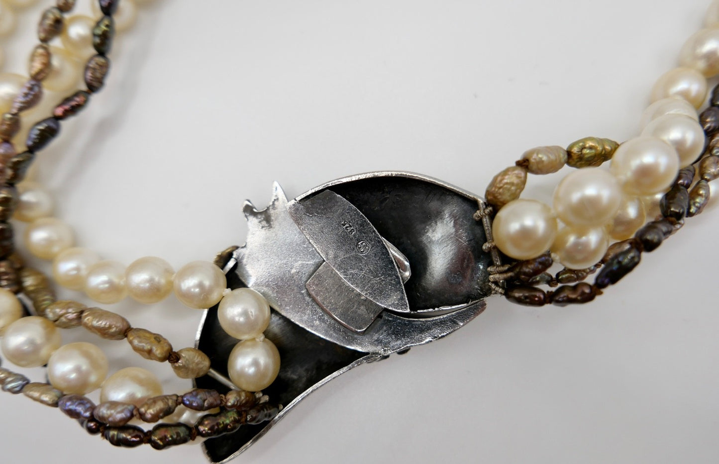 80er Perlenkette Collier 5-reihig 925 Silber vergoldet Schmetterlingsverschluss